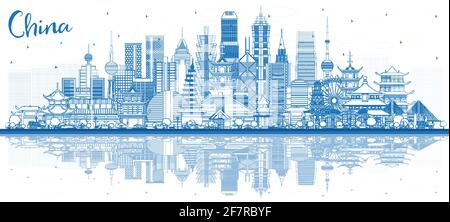 Skizzieren Sie die Skyline von China City mit blauen Gebäuden und Reflexionen. Berühmte Wahrzeichen in China. Vektorgrafik. Reise- und Tourismuskonzept. Stock Vektor