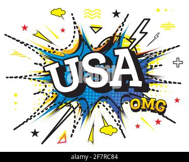 USA Comic Text im Pop Art Stil isoliert auf weißem Hintergrund. Vektorgrafik. Stock Vektor