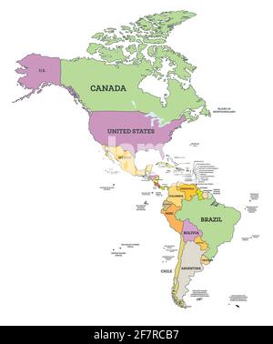 Politische Karte für Süd- und Nordamerika in der Mercator-Projektion. Vektorgrafik. Karte mit Namen der Länder, die auf Weiß isoliert sind. Stock Vektor