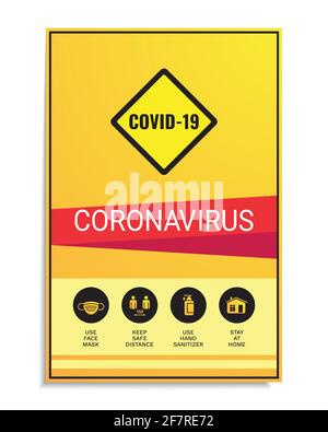 Das Schutzblatt einer Coronavirus-Bedrohung hat ein quadratisches Warnschild mit der Abkürzung covid-19 und einer Reihe von Symbolen. Das Konzept ist Gesundheitswesen. Stock Vektor