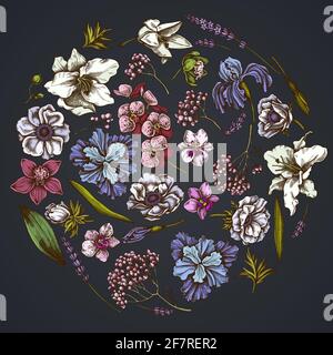 Rundes Blumenmuster auf dunklem Hintergrund mit Anemone, Lavendel, Rosmarin Everlasting, phaenopsis, Lilie, iris Stock Vektor