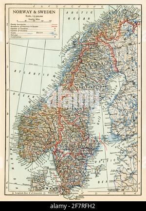 Karte von Norwegen und Schweden um 1900. Farbhalfton Stockfoto