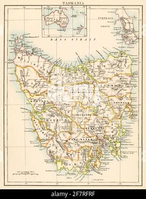 Map of Tasmania, 1870s. Color lithograph Stockfoto