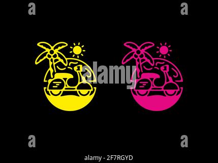 Linie Kunst Illustration von Roller am Strand gelb und Pinkfarbenes Design Stock Vektor