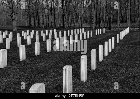 Grabsteinreihen für Militärveteranen, die auf dem Fort Custer National Cemetery, Augusta, Michigan, USA, begraben wurden Stockfoto