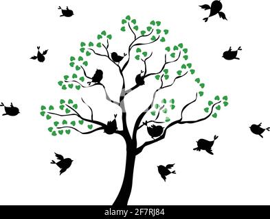 Eleganter Baum mit fliegenden Vögeln Silhouetten isoliert auf weißem Hintergrund Stock Vektor