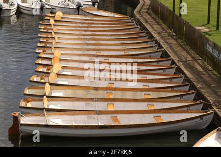 Leere weiße hölzerne Ruderboote Tethered und vertäut auf dem Fluss Avon, Stratford-upon-Avon, Warwickshire Großbritannien. Stockfoto