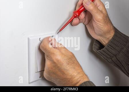 Der Elektriker bereitete die Schrauben zur Befestigung der Schalterabdeckung vor und führte sie in die Löcher ein und hielt sie mit einem Schraubendreher fest. Stockfoto