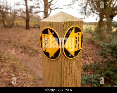 Ein neues öffentliches Wanderwegschild in Form von Gelb Pfeile auf Scheiben, die auf einem Holzpfosten montiert sind Stockfoto