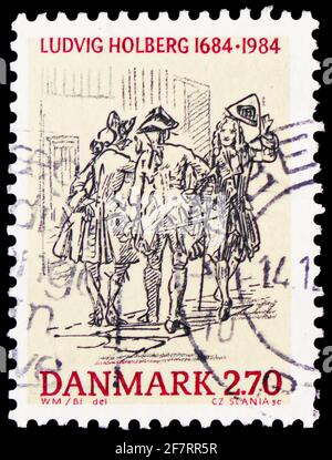 MOSKAU, RUSSLAND - 17. JANUAR 2021: In Dänemark gedruckte Briefmarke zeigt Holberg, Ludwig Hoberg, Jahrestage und Events Serie, um 1984 Stockfoto