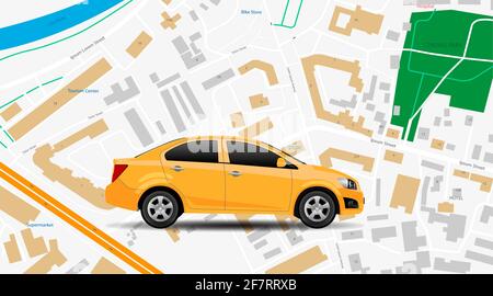 Taxi Auto Vektor App. Stadtplan gps-Position, Top-view. Autovermietung mobiler Service, Internet-Banner. Moderne Online-Fahrzeugvermietung Technologie, gelbe Taxi il Stock Vektor