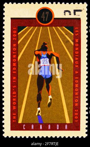 MOSKAU, RUSSLAND - 17. JANUAR 2021: Die in Kanada gedruckte Briefmarke zeigt die World's in Edmonton - Sprinter, 8. IAAF World Championships Serie, circa Stockfoto