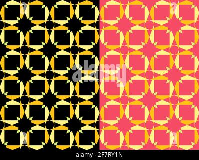 Stern perfekte geometrische Ornament nahtlose Muster. Goldgelbe, luxuriöse Illustration. Quadratische Kachel-basierte Zusammensetzung. Schwarzer oder rosafarbener Hintergrund Stock Vektor