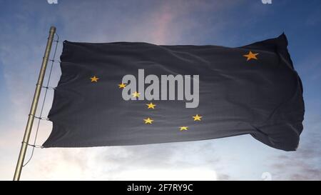 Alaska US State Grunge Flagge. Alaska schmutzige Flagge mit sehr detaillierter Stoffstruktur. 3d-Illustration Stockfoto