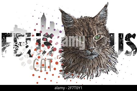 Katze Banner Vektor-Illustration auf grungy Hintergrund mit Stadt Silhouette Stock Vektor