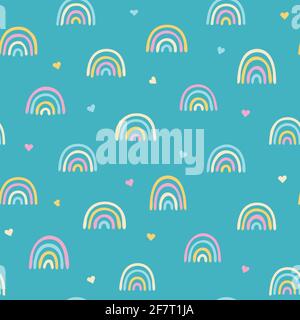 Farbiges, nahtloses Baby-Muster mit niedlichen Regenbögen. Kreative Vektor-Hintergrund für Stoff, Textil, Baby-Tapete. Abstrakte Landschaft aus Hügeln. Hand dr Stock Vektor