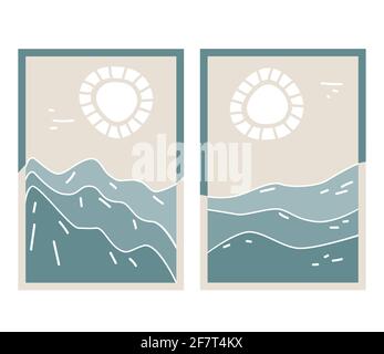 Abstrakte zeitgenössische ästhetische Hintergründe mit Berglandschaft, Seeseite. Blaue Weißtöne. Boho-Wanddekoration. Skandinavisch modern minimalistisch A Stock Vektor