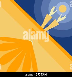 Die Sonne kommt. Hände bringen Licht, Kopf, Wand. Könnte ein Konzept für die Sonne und Mond, heiß und kalt, orange und blau, Sommer und Winter, hell und dunkel, d Stock Vektor