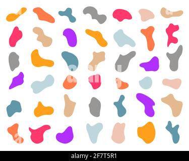 Unregelmäßige Farbflecken, Flecken, Tintenfleck. Organische Formen. Flecken, Flecken. Tropfen von Flüssigkeit, Kieselstein, Stein Silhouette. Tinte einfach zufällig smo Stock Vektor