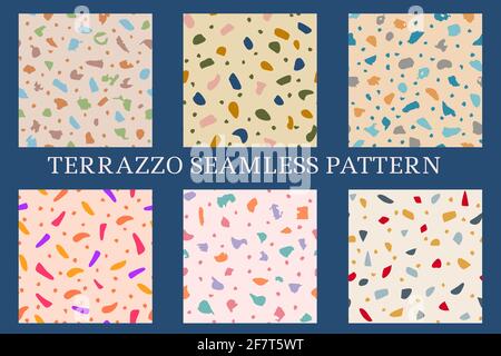 Sammlung von Terrazzo geometrischen Texturen. Nahtlose Muster mit bunten Formen. Kreative Vektordarstellung für Hintergrund, Textildruck, Bodenbeläge Stock Vektor