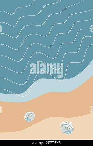 Muscheln auf tropischem Sand abstrakter Hintergrund, Linienwellen, blaue und gelbe Sommerferien entspannen Illustration für Banner, Poster, Kartenvektor illustrr Stock Vektor