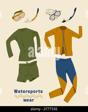 Set aus Neoprenanzug, Maske und Schnorchel. Langärmelige Kleidung für Wassersport. Badeanzüge Shorts und Leggings. Vektorgrafik. Stock Vektor