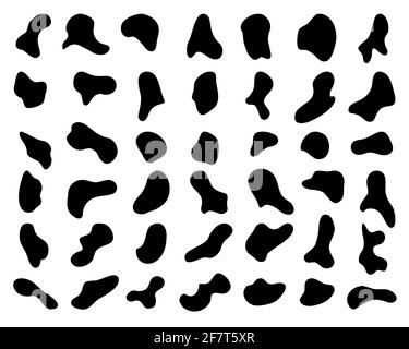 Unregelmäßige schwarze Flecken, Flecken, Tintenfleck. Organische Formen. Flecken, Flecken. Tropfen von Flüssigkeit, Kieselstein, Stein Silhouette. Tinte einfach zufällig smo Stock Vektor