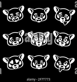 Set aus 9 Vektor-Emoji mit rotem Panda-Gesicht in Schwarzer Stil Stock Vektor