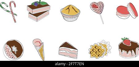 Handgezeichnete Farbdarstellung. Set von Bäckerei und Süßigkeiten wirh Umriss Vektor-Illustration Stock Vektor