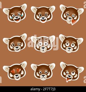 Set von 9 Vektor-Emoji mit rotem Panda-Gesicht, farbig Stock Vektor