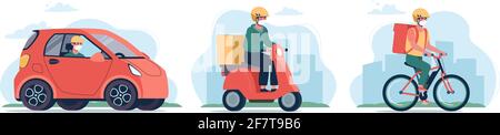 Online-Delivery-Service-Konzept, sichere Quarantäne. Kuriermann in einer medizinischen Maske auf einem Fahrrad, einem Moped und einem Elektroauto. Satz flache Vektorabbildungen, Transport, rot Stock Vektor