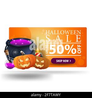 Halloween Sale, bis zu 50 Rabatt, orange modernes 3D Banner mit Hexentopf und Kürbis Jack Stockfoto
