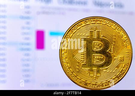 Virtuelle Bitcoin-Währung vor einem Bildschirm mit Währungs-Bewegungsdiagrammen an einer Börse. Stockfoto