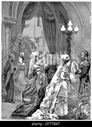 Gravur der Ehe zwischen Prinzessin Louise Margaret und Prinz Arthur, Herzog von Connaught und Strathearn, in der St. George's Chapel, Windsor, 13. März 1879. Prinz Arthur war das siebte Kind und der dritte Sohn von Königin Victoria und Prinz Albert von Sachsen-Coburg und Gotha. Stockfoto