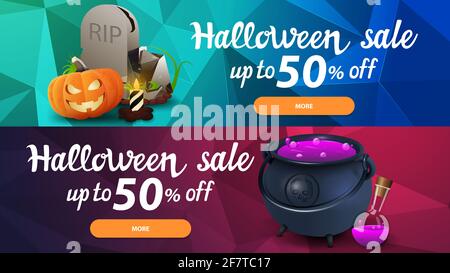 Halloween Sale, bis zu 50 Stück, zwei horizontale Webbanner mit polygonaler Textur auf dem Hintergrund. Sammlung von hellen Rabattbannern für Ihre Websi Stockfoto