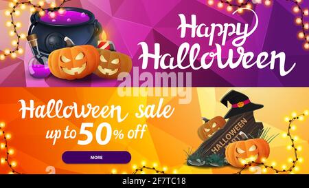 Halloween Sale, bis zu 50 Stück, zwei horizontale Webbanner mit polygonaler Textur auf dem Hintergrund. Sammlung von hellen Rabattbannern für Ihre Websi Stockfoto