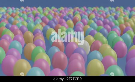 Weißes Ei unter vielen farbigen bemalten Ostereiern auf dem Flugzeug, 3D-Rendering Stockfoto