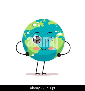 Niedliche Erde Charakter blinkende Cartoon Maskottchen Globus Personage zeigt Gesichts Emotion speichern Planeten Konzept isoliert Stock Vektor