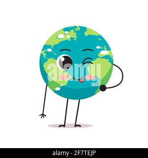 Niedliche Erde Charakter blinkend und zeigt Zunge Cartoon Maskottchen Globus Persönlichkeit mit Gesichtsemotion speichern Planet Konzept isoliert Stock Vektor