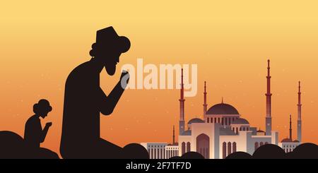 Religiöse muslimische Männer Silhouetten kniend und beten ramadan Kareem heilig Monat Religion Konzept nabawi Moschee Gebäude Sonnenuntergang Hintergrund Wohnung Stock Vektor