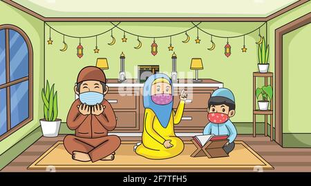 Während der Corona-Virus-Pandemie bleiben muslime mit dem ramadan-Monat zu Hause. Muslimische Aktivität und beten. Mit Masken und Gesundheitsprotokolle. vektor Kind Stock Vektor
