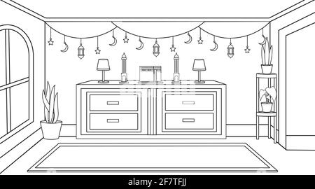 Hintergrund muslim religiösen Raum, Gebetsraum, Lesen al quran Zimmer. Ramadan Ornament muslim mit dekorativen Pflanzen.Hintergrund muslimische Illustration vec Stock Vektor