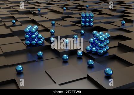 Blaue Kugeln auf schwarzen Würfeln. Abstraktes Design. 3d-Illustration. Stockfoto