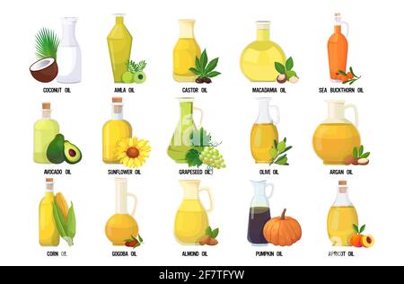 Set Frischöl Glasflaschen Sammlung mit verschiedenen Bio-Gemüse Und Obstnamen isoliert auf weißem Hintergrund horizontal Stock Vektor