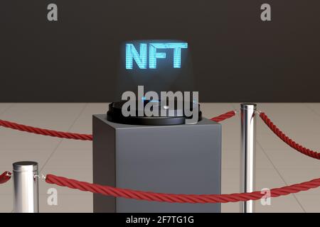 Hologramm des NFT-Textes in einem Museumsraum. 3d-Illustration. Stockfoto
