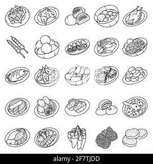 Indonesisches Essen Berühmte Handgezeichnete Icon Set Vektor. Stock Vektor