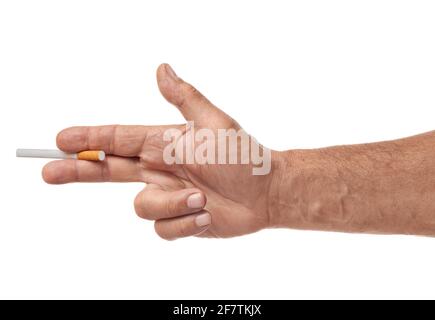 Mann hält eine Zigarette wie ein Gewehr, Anti Smoking Stockfoto