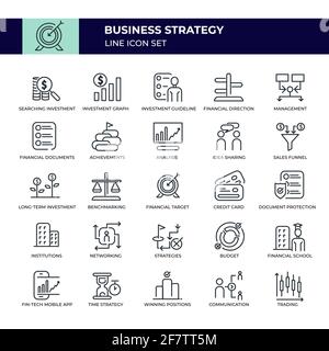 Symbolsatz für die Geschäftsstrategie-Linie „Investieren“, „Investitionsdiagramm“, „Investitionsrichtlinie“, „Finanzen“ Leitung,Management,Finanzdokumente Stock Vektor