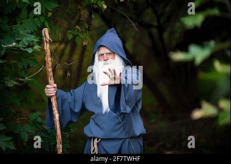 Ein Zauberer mit einem langen grauen Bart zaubert In einem dichten Wald Stockfoto