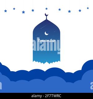 Ein weißer Halbmond, Moschee und Text ramadan Verkauf mit Sternen in blau dunkel Verlauf Hintergrund Vorlage einfach und minimalistisch. Vektor islamisch Stock Vektor